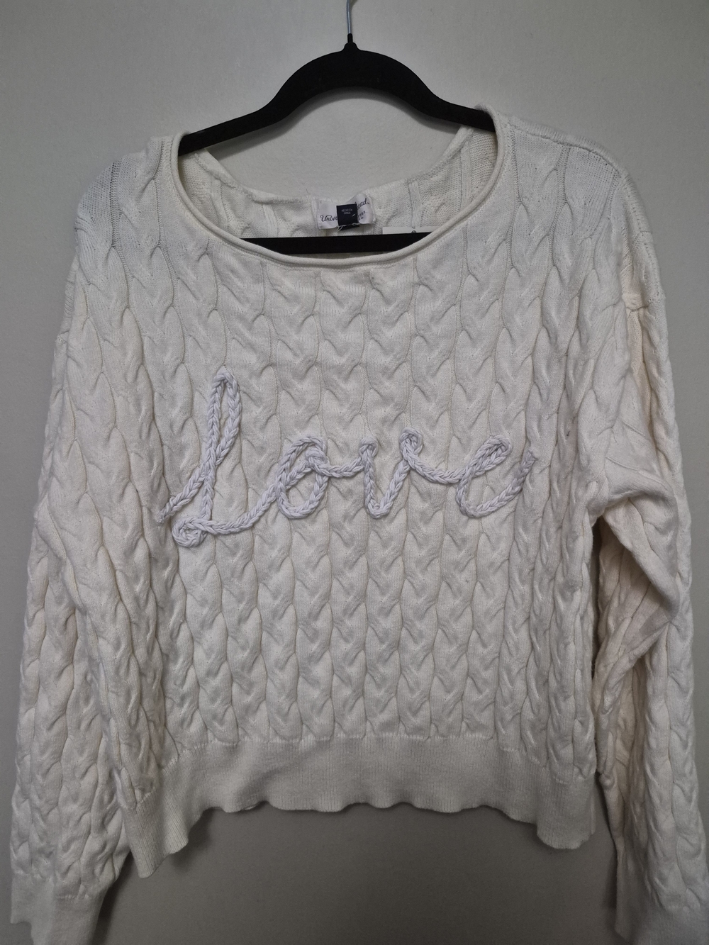 Universal Thread Cream Cable-Knit 'Love' Crewneck Sweater